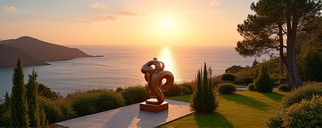 Modern sculpture garden at sunset